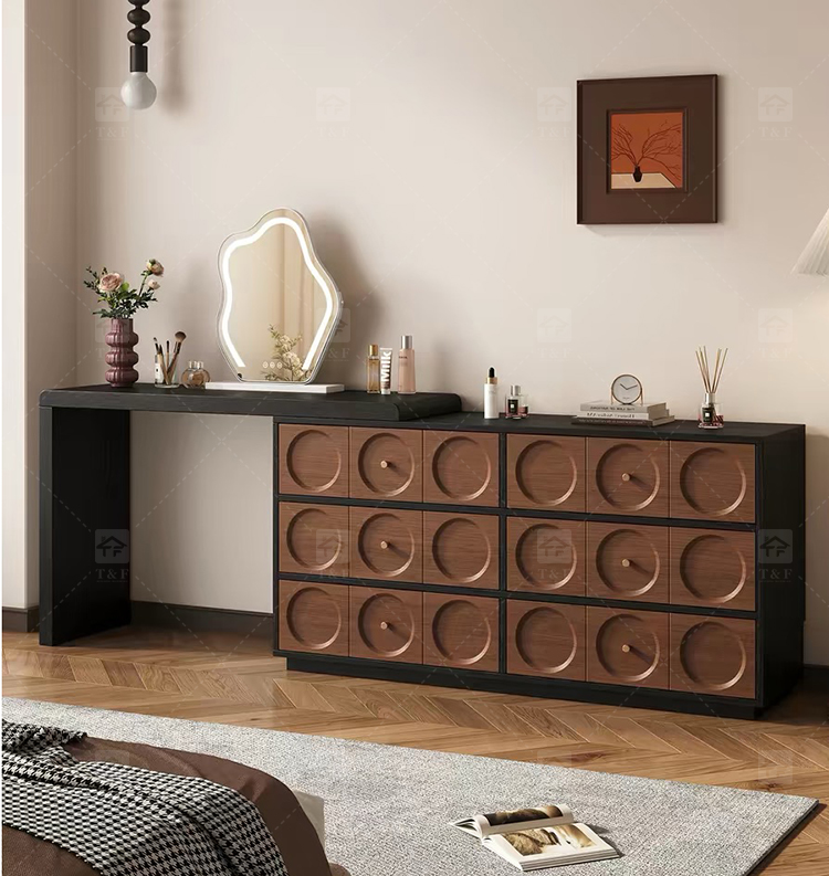 Modern Lighted Solid Wood Makeup Vanity Chest Round Anti-collision Corner Storage Cabinet for Bedroom & Bathroom Use
