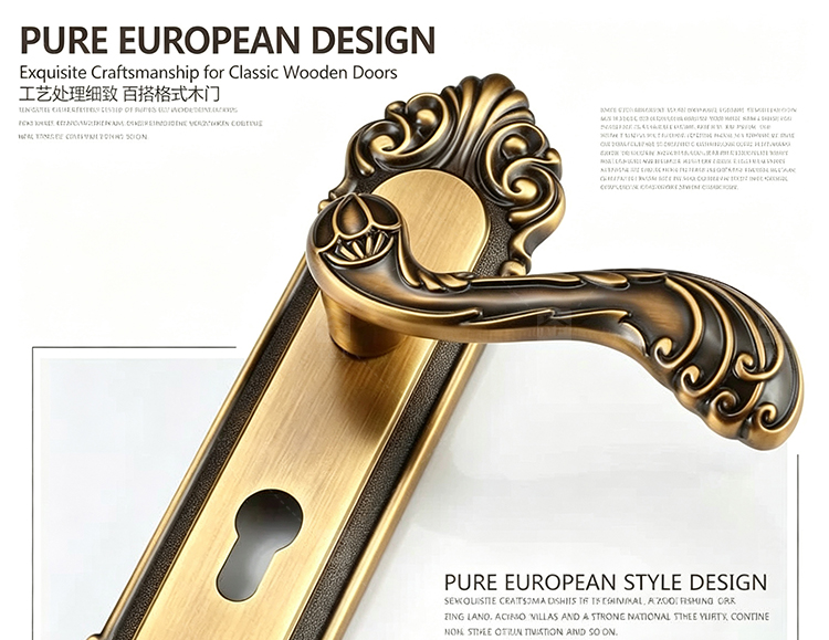 Modern Door Lever Handle Set Scroll Engraved Lock 304 Stainless Steel Brass Finish Easy Installation Hotel Apartment Use