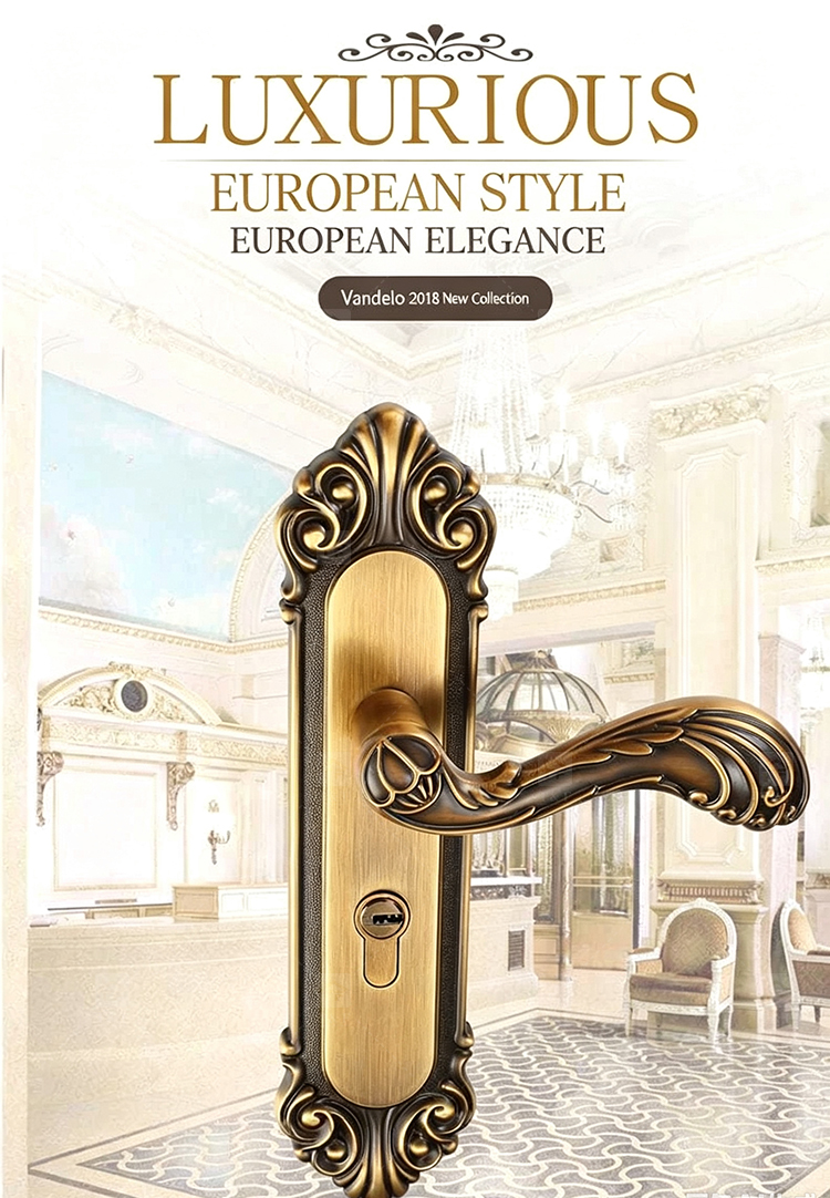 Modern Door Lever Handle Set Scroll Engraved Lock 304 Stainless Steel Brass Finish Easy Installation Hotel Apartment Use