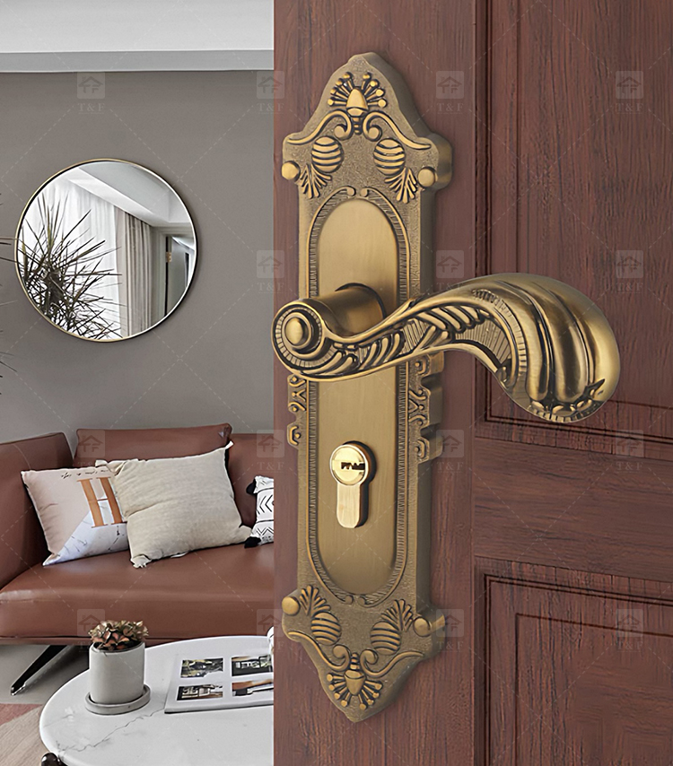 Modern Door Lever Handle Set Scroll Engraved Lock 304 Stainless Steel Brass Finish Easy Installation Hotel Apartment Use