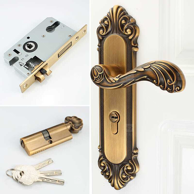 Modern Door Lever Handle Set Scroll Engraved Lock 304 Stainless Steel Brass Finish Easy Installation Hotel Apartment Use