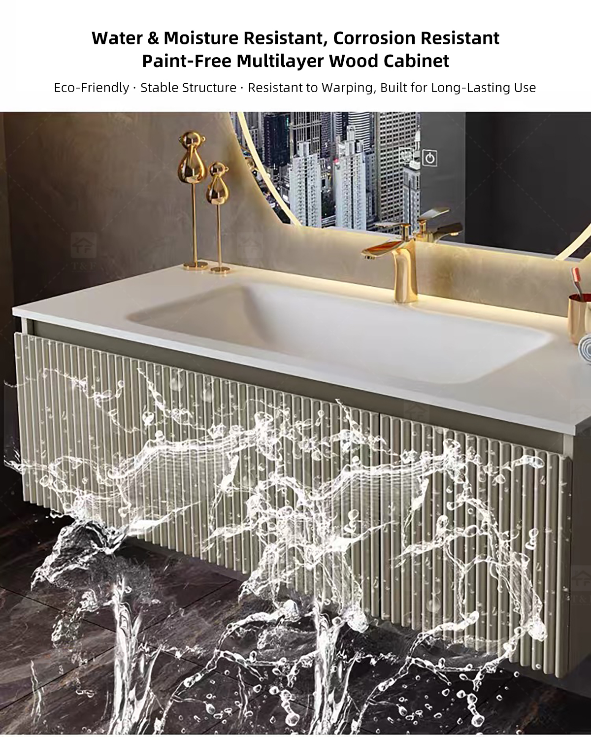 Modern Wall-Mounted Floating Bathroom Vanity with 3D Fluted Cabinet Front, Integrated Basin Sink and LED Half Moon Mirror