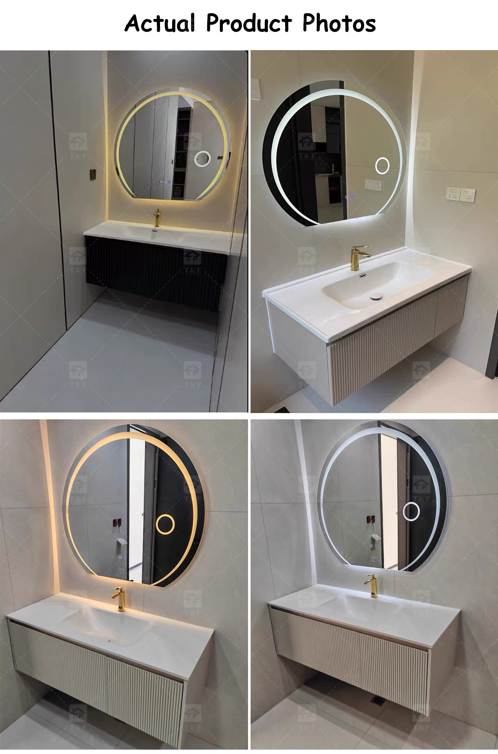 Modern Wall-Mounted Floating Bathroom Vanity with 3D Fluted Cabinet Front, Integrated Basin Sink and LED Half Moon Mirror