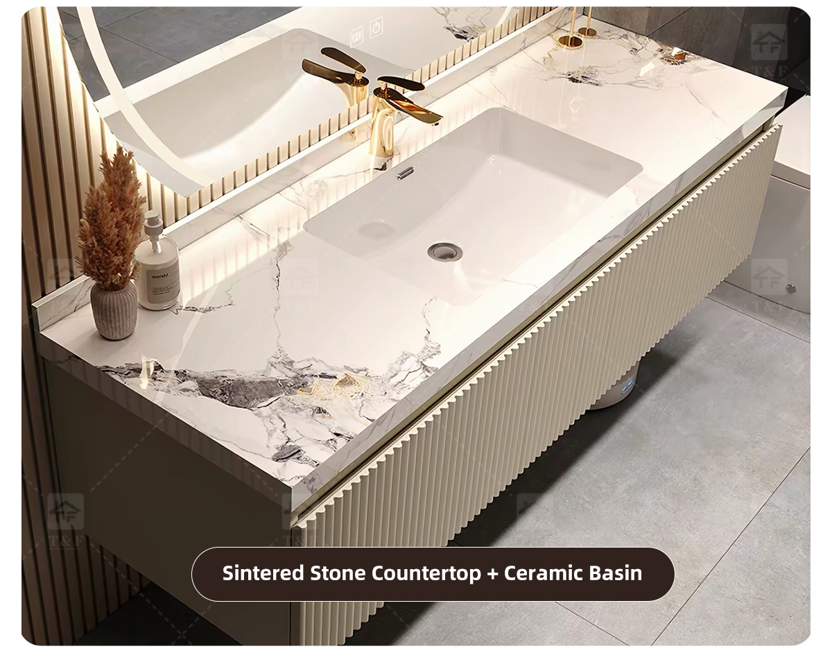 Modern Wall-Mounted Floating Bathroom Vanity with 3D Fluted Cabinet Front, Integrated Basin Sink and LED Half Moon Mirror