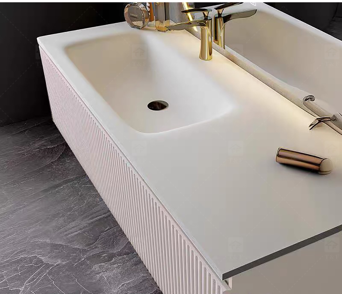 Modern Wall-Mounted Floating Bathroom Vanity with 3D Fluted Cabinet Front, Integrated Basin Sink and LED Half Moon Mirror