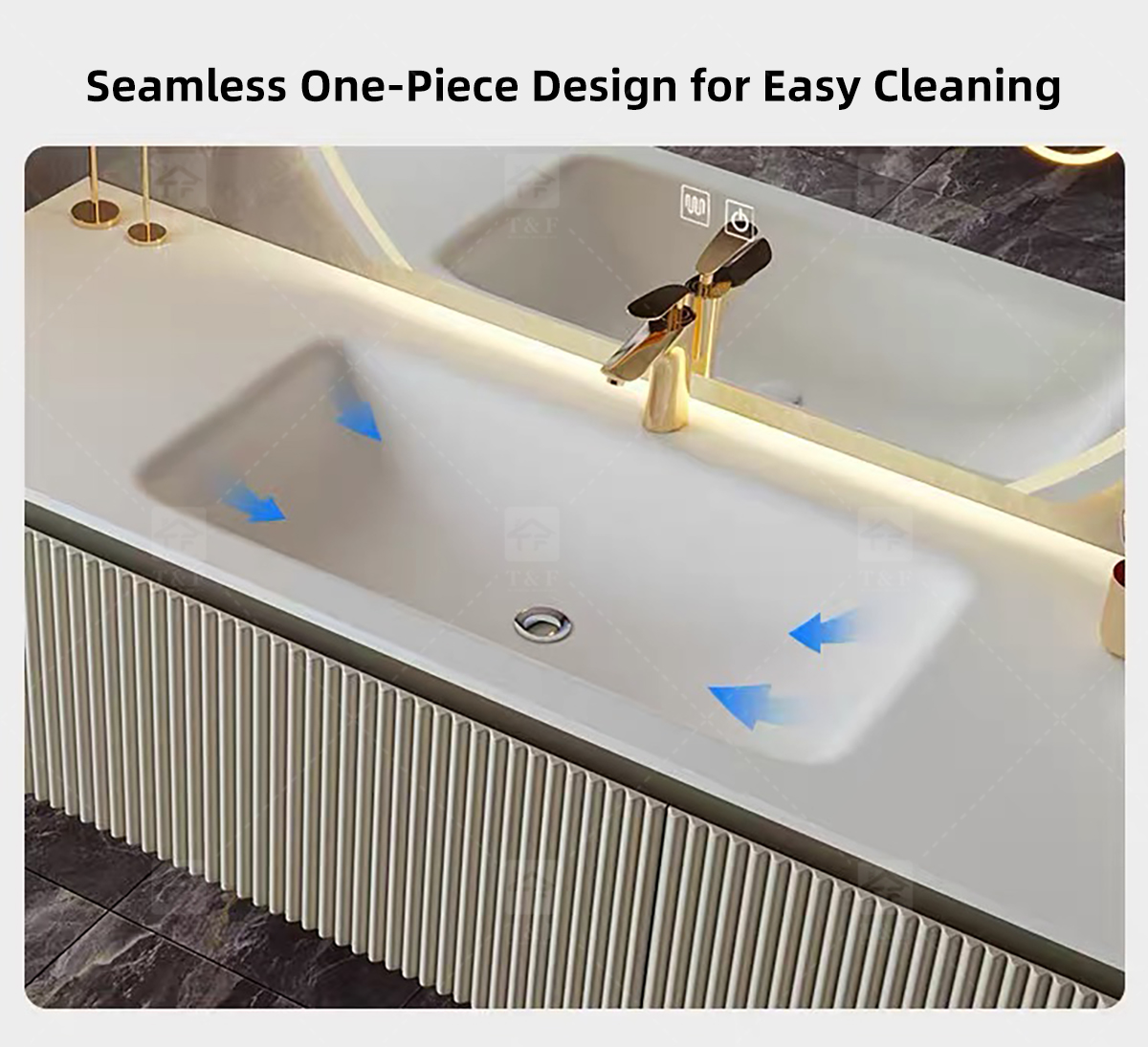 Modern Wall-Mounted Floating Bathroom Vanity with 3D Fluted Cabinet Front, Integrated Basin Sink and LED Half Moon Mirror