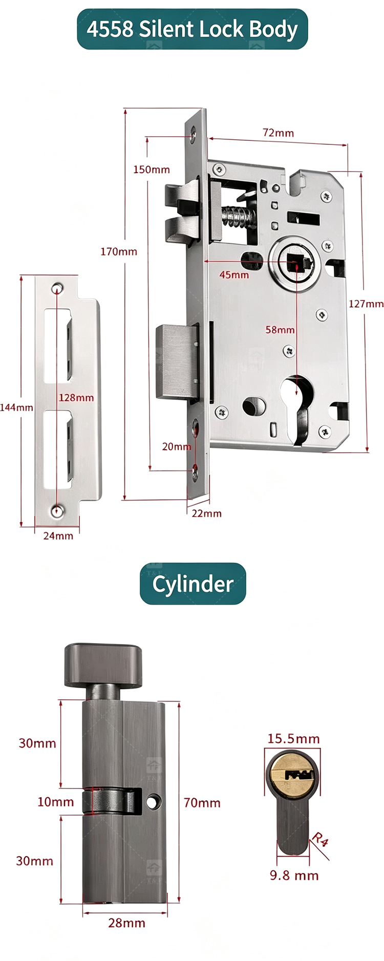 Simple Design Square Rose Interior Split Door Lock Matte Gunmetal Door Lever Handle Set With Key