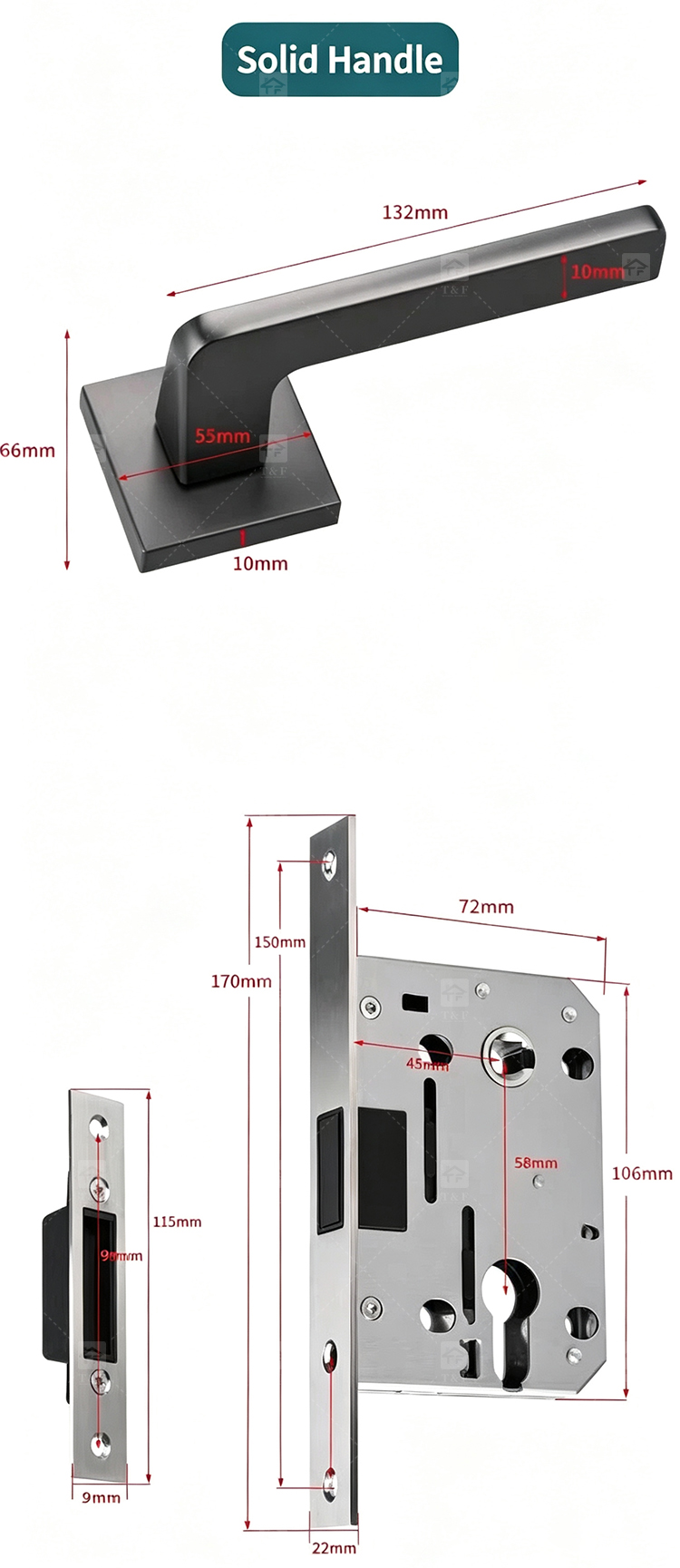 Simple Design Square Rose Interior Split Door Lock Matte Gunmetal Door Lever Handle Set With Key