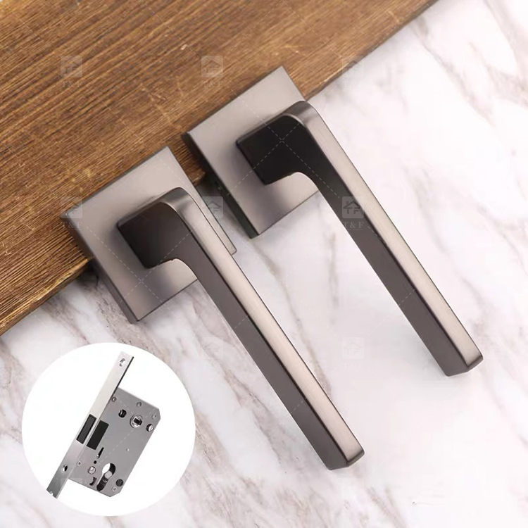Simple Design Square Rose Interior Split Door Lock Matte Gunmetal Door Lever Handle Set With Key